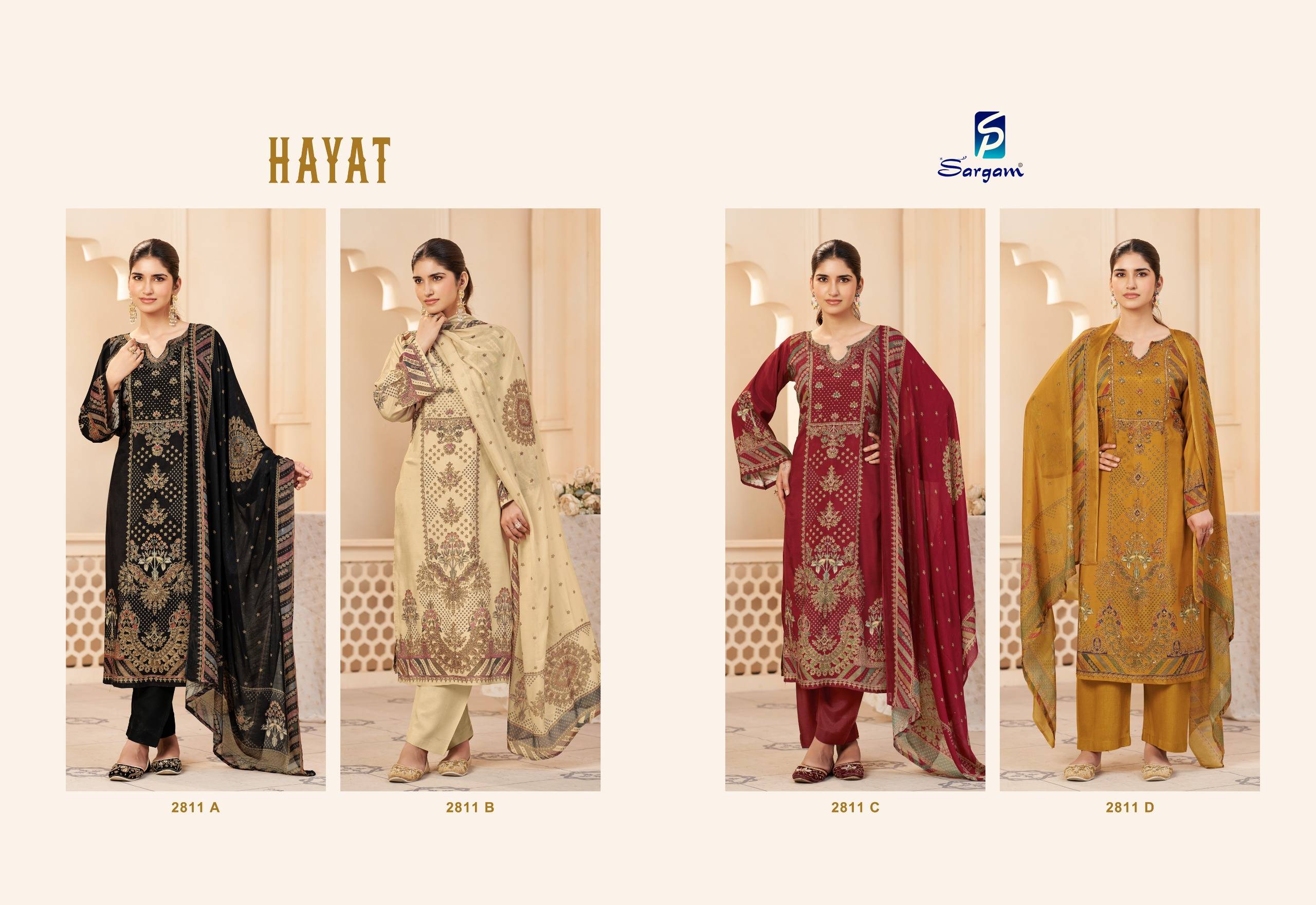 HAYAT by SARGAM 2811A TO 2811D SERIES Stylish Beautiful Colourful PURE VISCOSE MUSLIN Dresses At Wholesale Price